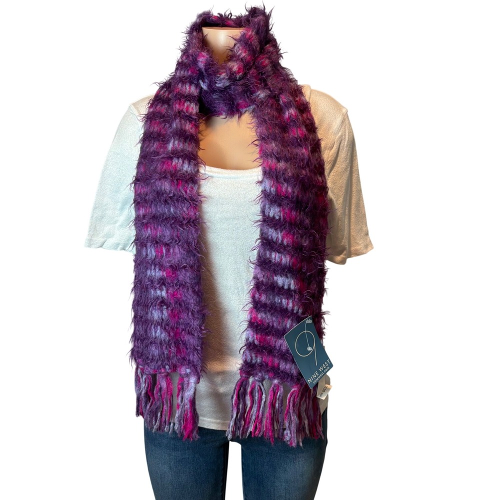 Nine West Vintage Y2K Ultra Soft Fuzzy Eyelash Knit Scarf NWT Purple Pink Stripe